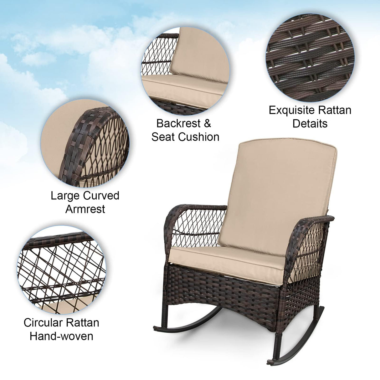 LEVELEVE 3 pcs Rocking Bistro Set Conversation Chairs PE Wicker Outdoor Rocking Chairs & Glass Table,for Porch Lawn Garden Backyard Deck(Rocking Set,Khaki) LEVELEVE