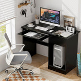 Tangkula Black Desk with Drawer, Wooden Computer Desk with Pull-Out Keyboard Tray & Adjustable Storage Shelves, Modern Laptop PC Desk with CPU Stand, Writing Study Desk for Bedroom (Black) Tangkula