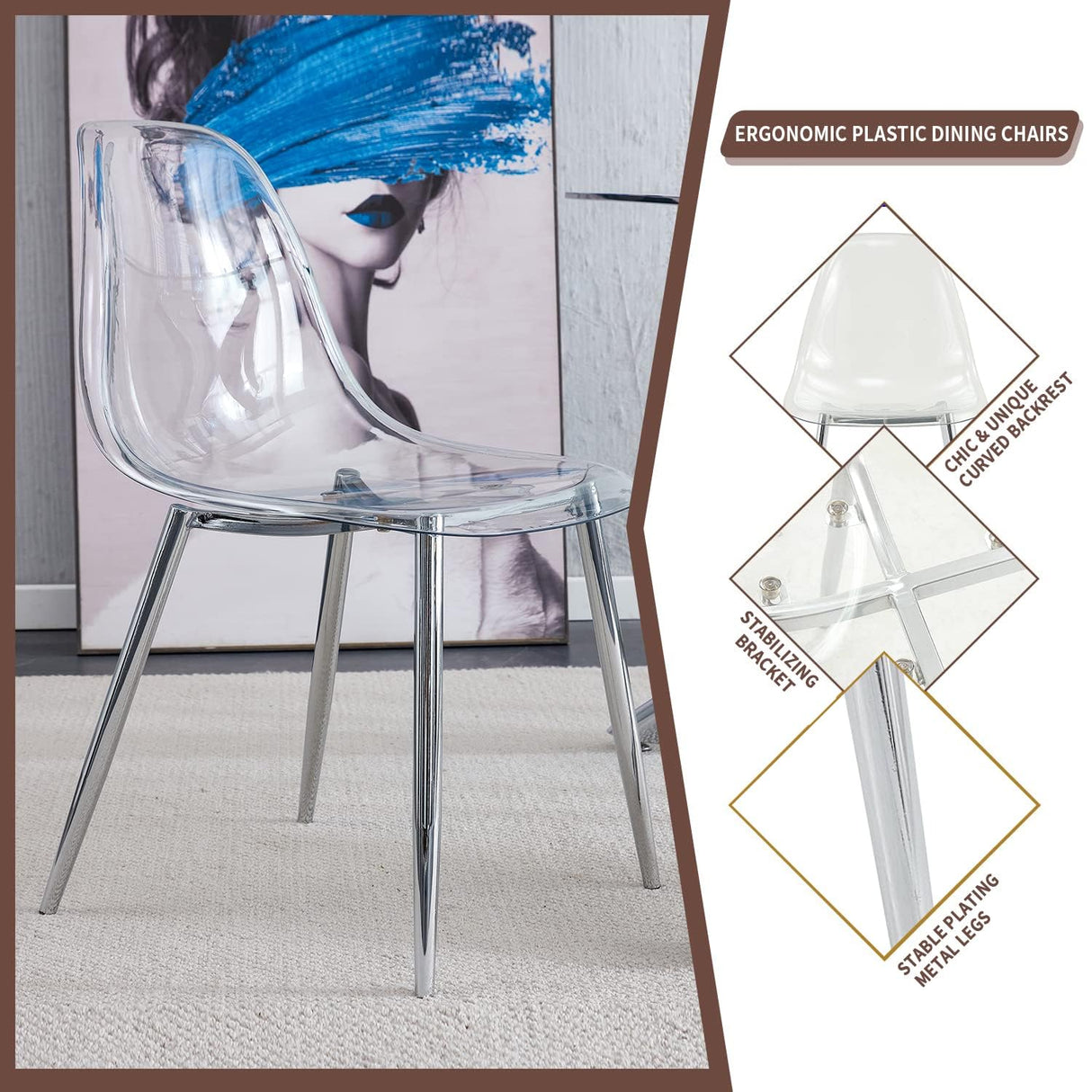 Baysitone Clear Dining Chairs Set of 4, Modern Kitchen Chairs with Transparent Seat, Acrylic Accent Side Chairs with Metal Legs for Dining Room, Kitchen, Living Room with Silver Baysitone