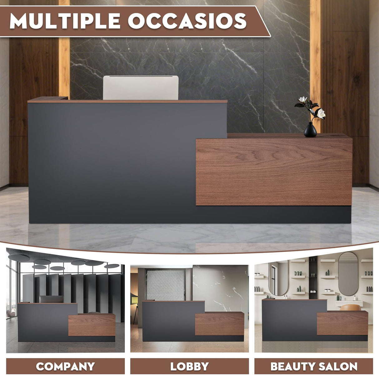 L-Shaped Modern Large Wooden Commercial Reception Desk with Counter & Shelves, Front Reception Desk Counter Table with Storage, Drawers for Offices,Home (Brown + Black, Right - 84''L x 34''W x 41''H) Drexo