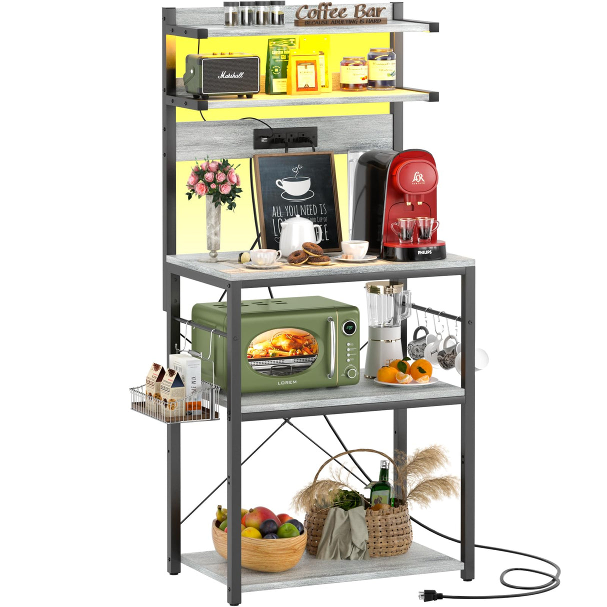 Aheaplus Bakers Rack with Power Outlet, Microwave Stand, 5 Tiers Coffee Bar Station with Led Lights, Kitchen Storage Shelf with 6 S-Shaped Hooks, Kitchen Rack for Spices, Pots and Pans, White Oak Aheaplus