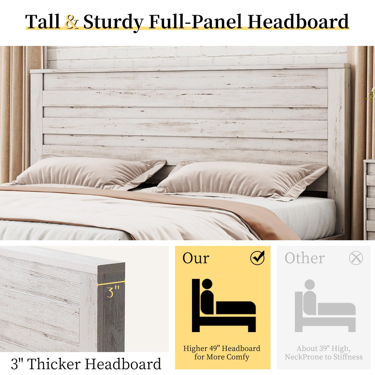 LUXOAK Farmhouse King Bed Frame with 49" Tall Headboard, Wooden Platform Beds with Hidden Metal Bed Frame, No Box Spring Needed/Easy Assembly, Distressed White LUXOAK