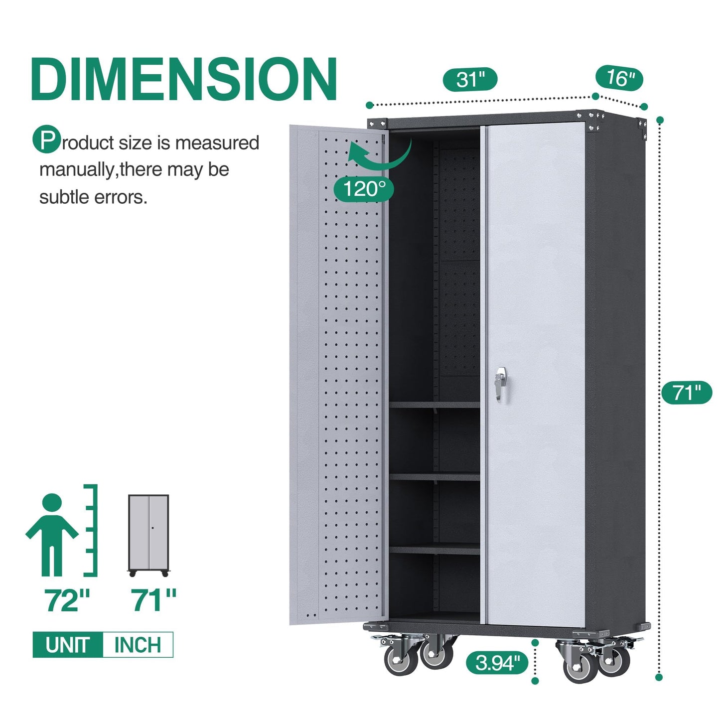 Reemoon Metal Storage Cabinet with Wheels and Pegboard, 71" Tall Garage Storage Cabinet with Shelves and Locking Doors, Rolling Tool Cabinet for Garage Home Office Utility Room-Required Assembly