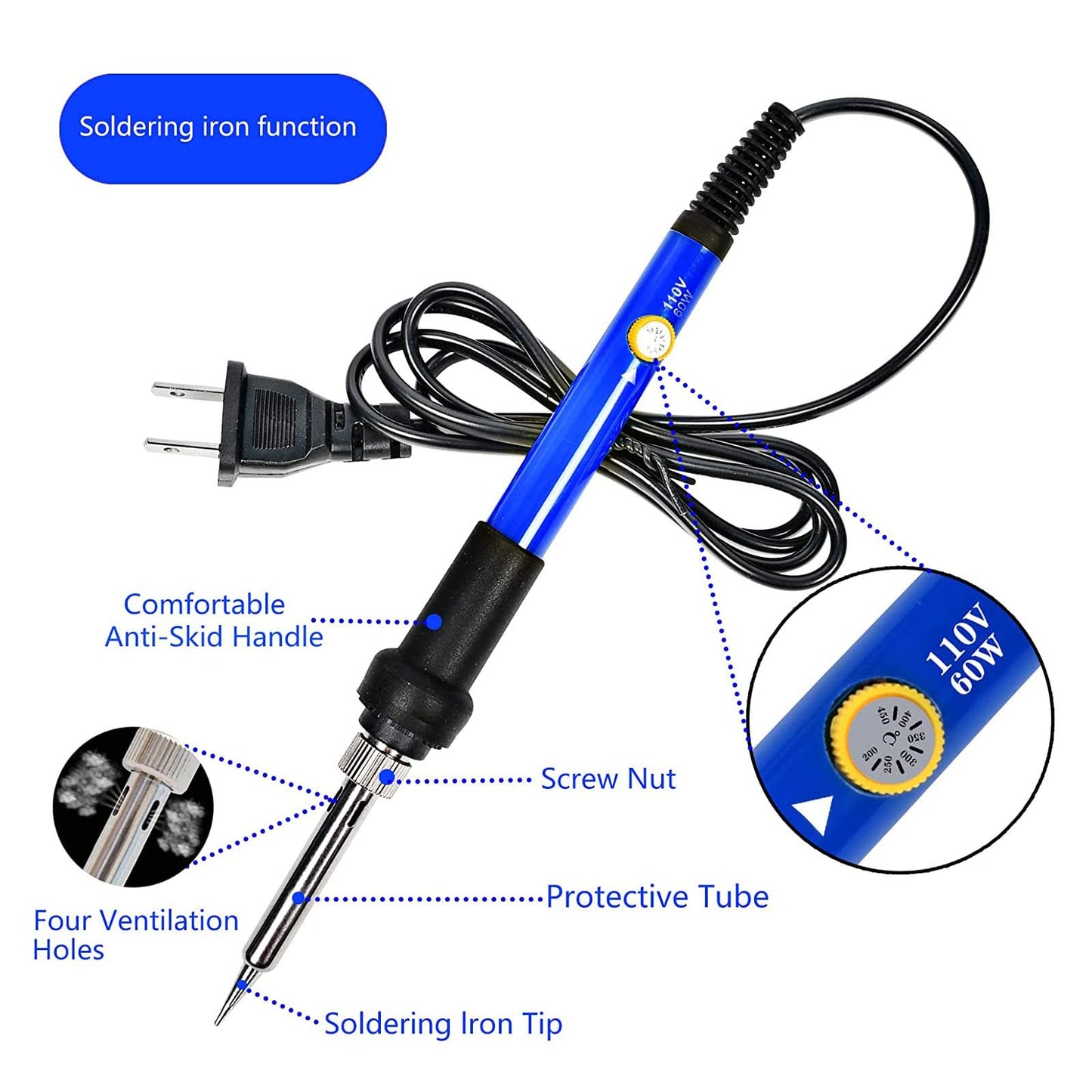 Soldering Iron Kit, 60W 110V Soldering Iron Adjustable Temperature, Desoldering Pump, 5 Solder Tips, Solder Wire, Stand, Solder Wick.