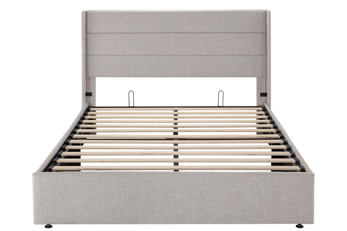 SHA CERLIN Queen Size Lift Up Storage Bed/Modern Wingback Headboard/Upholstered Platform Bed Frame/Hydraulic Storage/No Box Spring Needed/Wood Slats Support/Light Beige SHA CERLIN