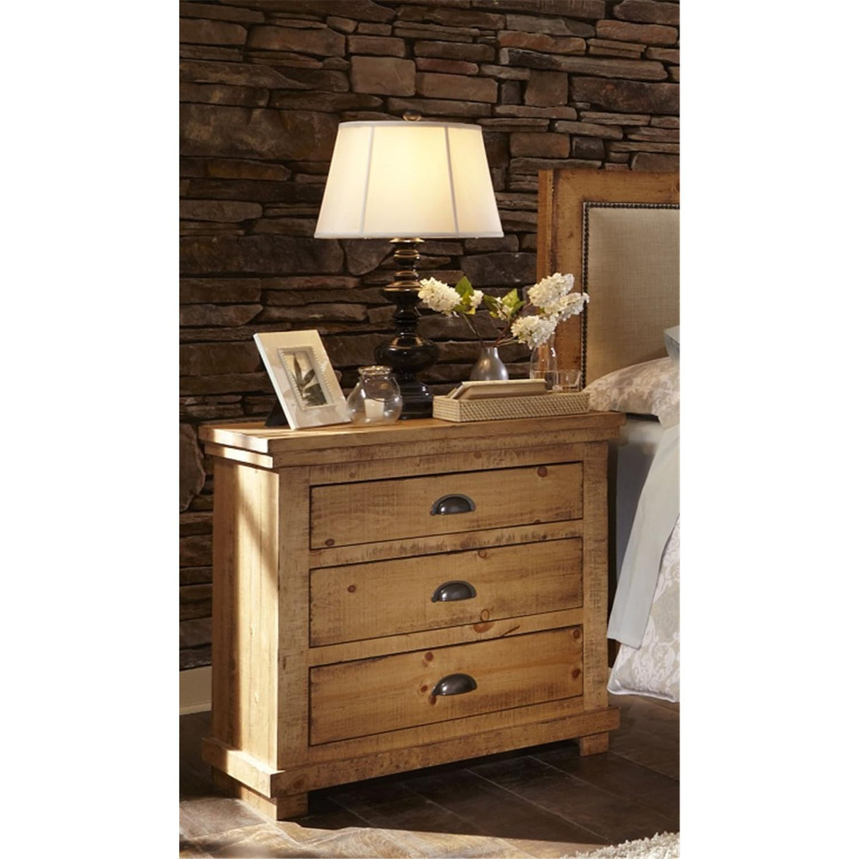 Maykoosh Rococo Radiance Durable Wood Nightstand with 3 Drawers, Floor Mountable, Gunmetal Finished Cup Pulls - 17" D x 32" W x 31" H Maykoosh