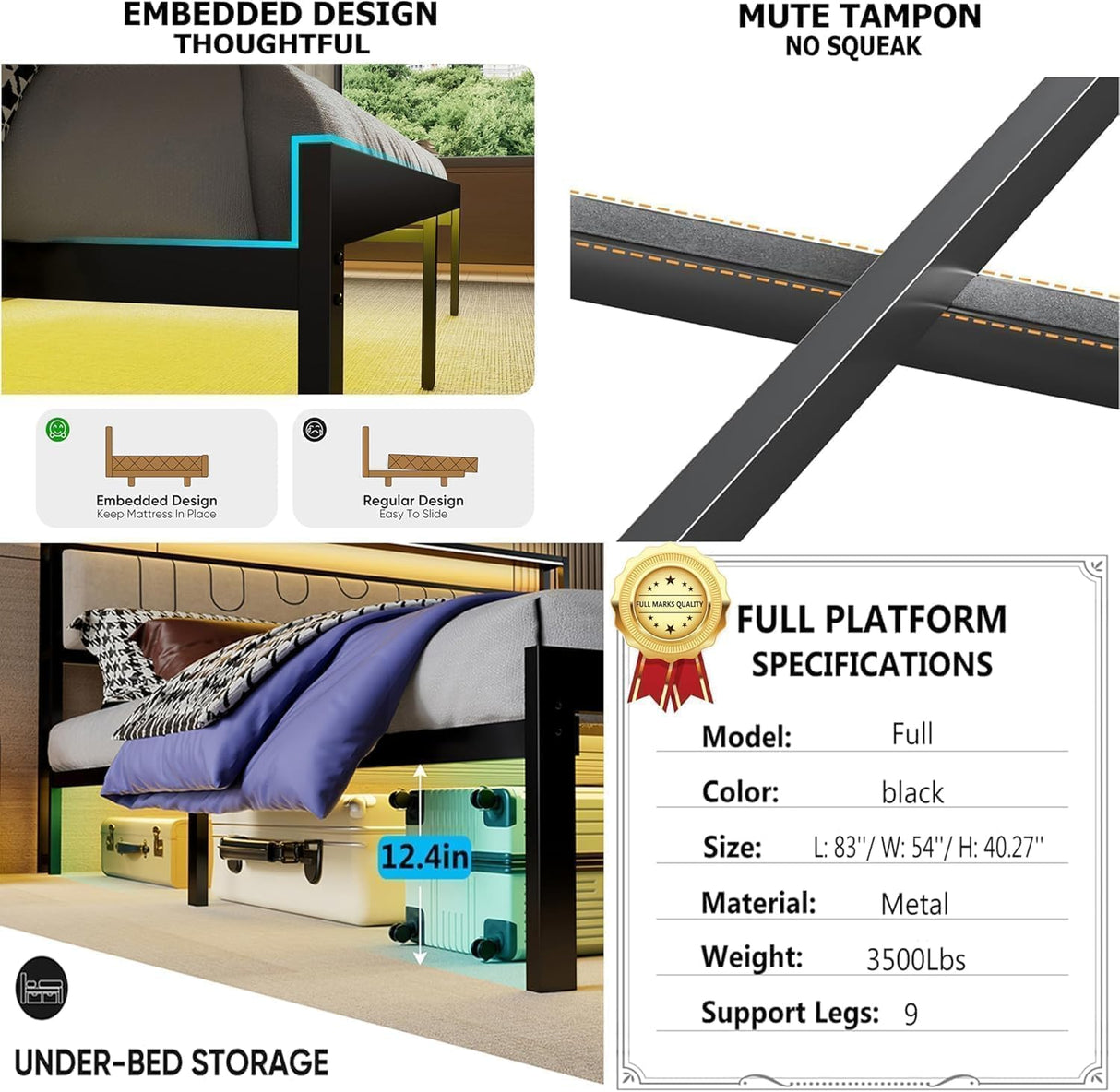 J.Fkne Full Bed Frames with Charging Station and LED Lights, Full Size Platform Bed with Metal Slats, Upholstered Headboard with 2-Tier Storage Shelves, No Box Spring Needed, Easy Assembly, Black J.Fkne