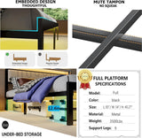 J.Fkne Full Bed Frames with Charging Station and LED Lights, Full Size Platform Bed with Metal Slats, Upholstered Headboard with 2-Tier Storage Shelves, No Box Spring Needed, Easy Assembly, Black J.Fkne