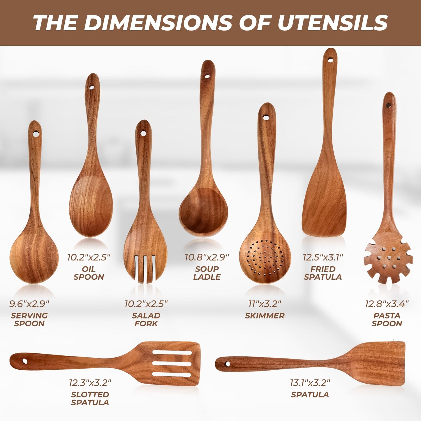 AIUHI Teak Wood Kitchen Utensil Set, 9-Piece Wooden Spoons for Cooking, Wooden Spoons Spatula for Cooking-Non-stick, Durable & Heat Resistant - WoodArtSupply