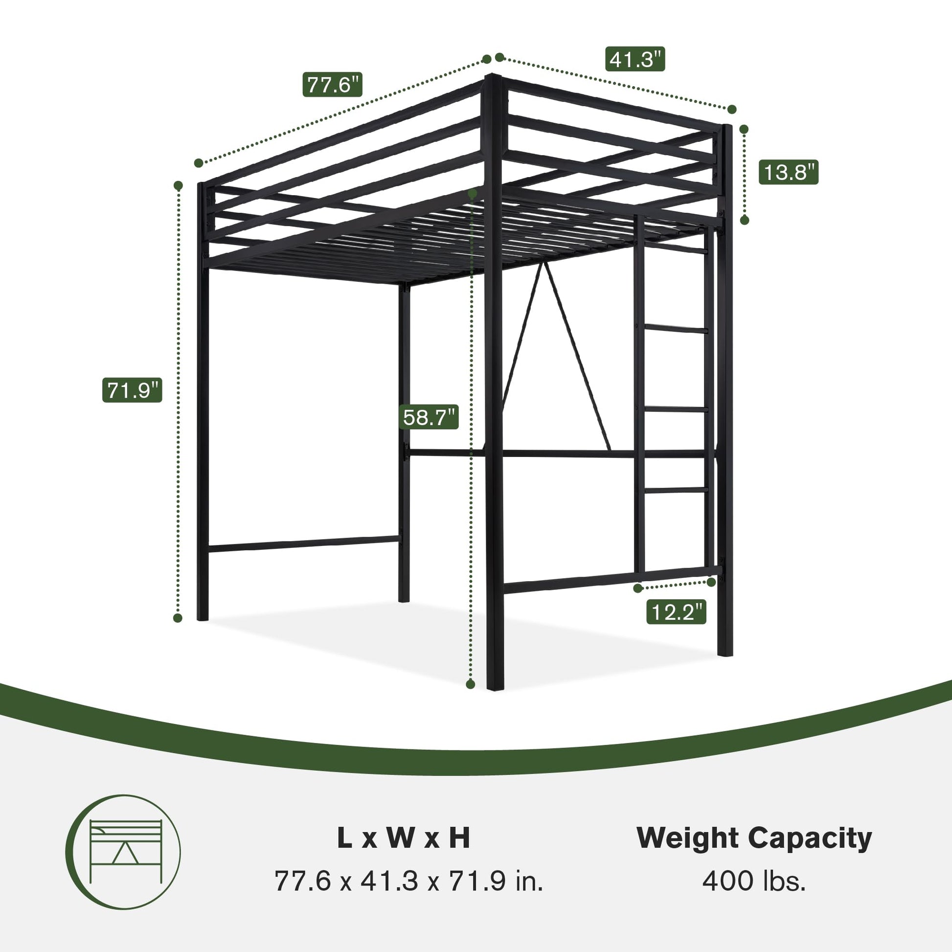 MUTICOR Twin Size Metal Loft Bed Frame with Safety Guardrail and Removable Ladder in Matte Black - WoodArtSupply