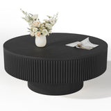 YOUDENOVA 31.5” Round Fluted Coffee Table, Modern Wood Circle Coffee Table, Veneer Handcrafted Relief Tea Table with Sturdy Pedestal for Living Room，Easy Assembly - Black YOUDENOVA