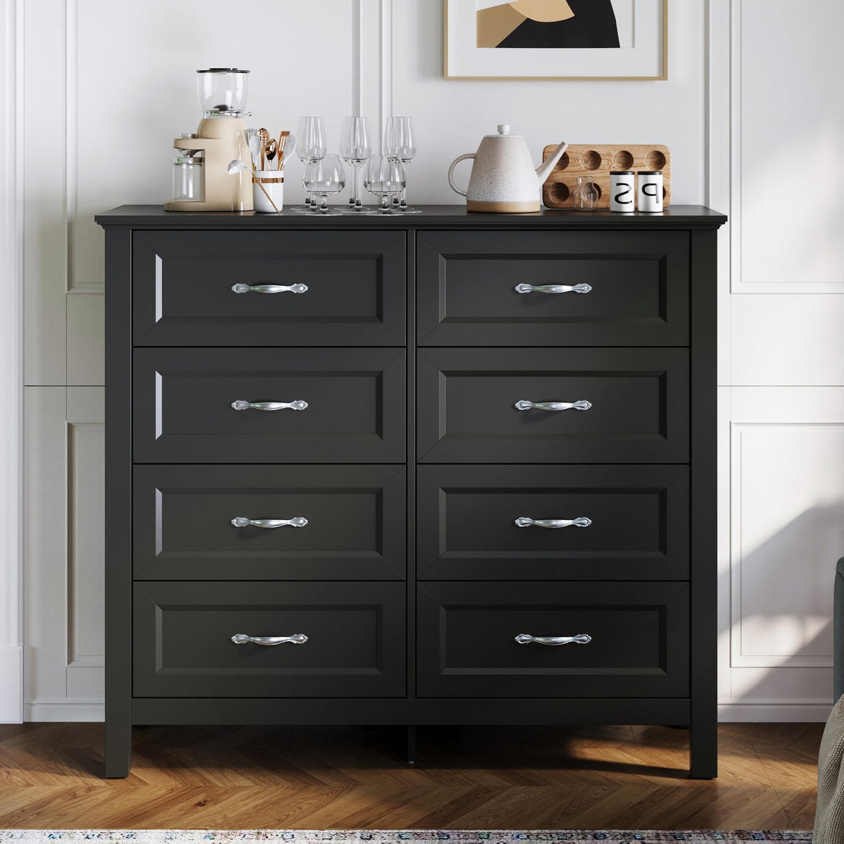 LINSY HOME 8 Drawers Dresser for Bedroom, Black Wood Dresser with Metal Handle, Farmhouse Tall Chest of Drawers with 1 pcs Fabric Divider Organizer, Storage Organizer for Living Room, Closet, Hallway LINSY HOME