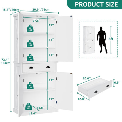 YITAHOME 72'' Tall Kitchen Pantry, Farmhouse Kitchen Storage Cabinets with Barn Doors, Drawer and Adjustable Shelves, Wood Cupboard for Kitchen, Dining Room, Bathroom, White