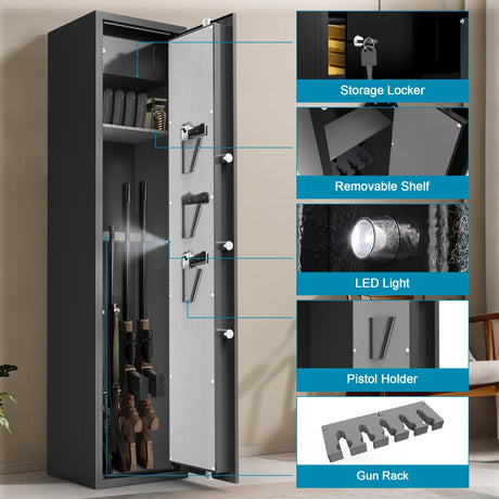 Emasme 5 Gun Safes for Home Rifle and Pistols, Rifle Gun Safe with a Storage Box, Shotgun Safe Without Assembly Required Gun Safe Quick Access, Gun Cabinet with Removable Shelf, Dual Alarm System Emasme