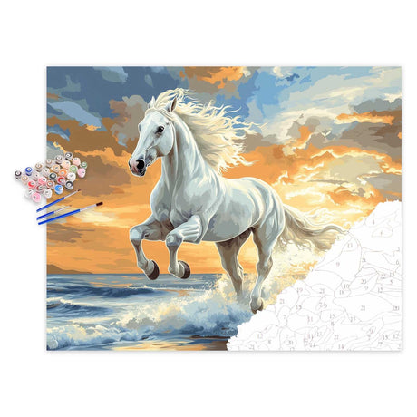 Horse Paint by Number, Running Horse Paint by Numbers for Adults, White Horses Canvas Wall Art, Animal Acrylic Painting, Beach Sunset Landscape Poster Home Wall Decor(16x20inch) zouewit