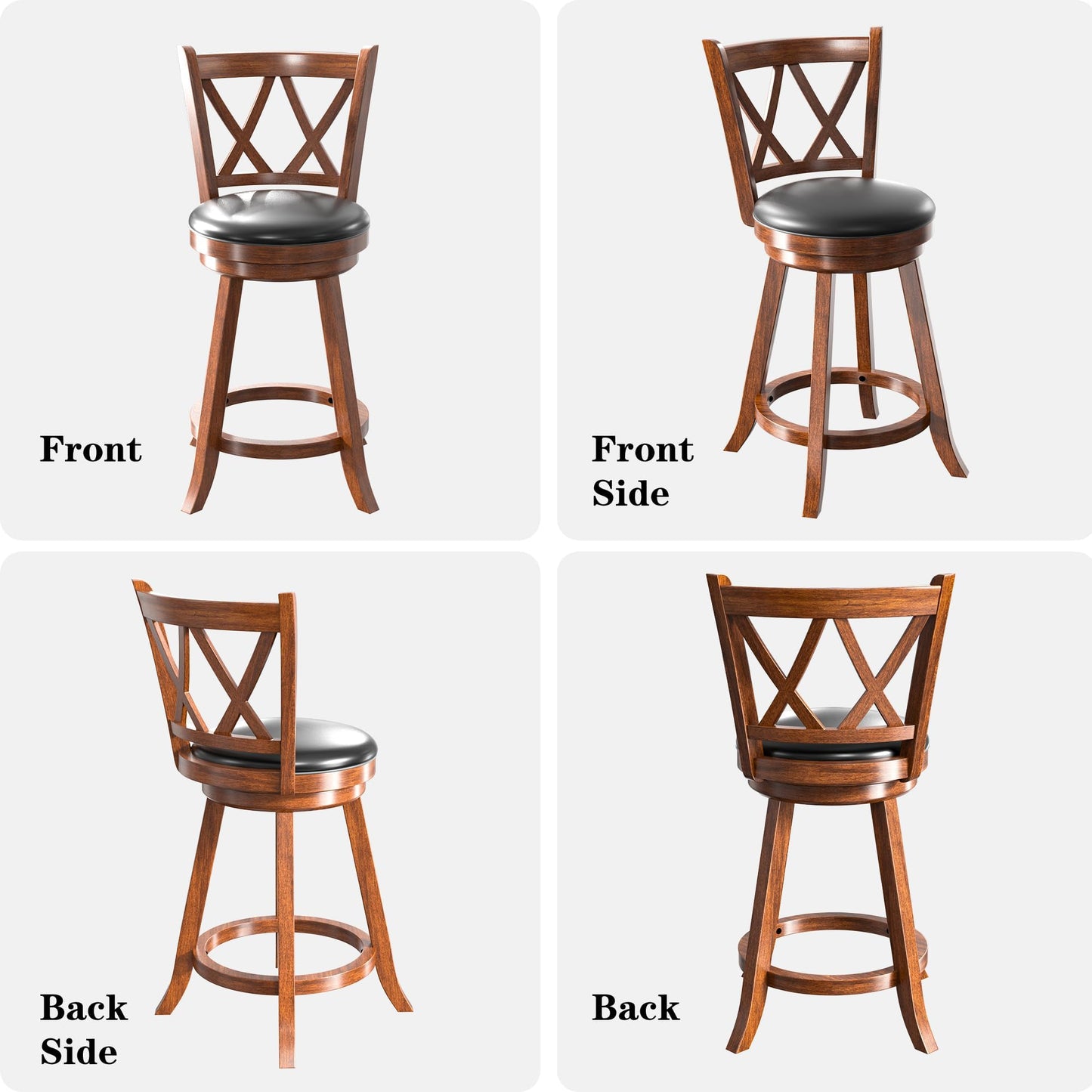 24" Counter Height Swivel Bar Stools - High Back Swivel Counter Stools with Upholstered Seat & Solid Wood Footrest, Counter Bar Chairs for Kitchen Island & Pub (Brown, Set of 2)