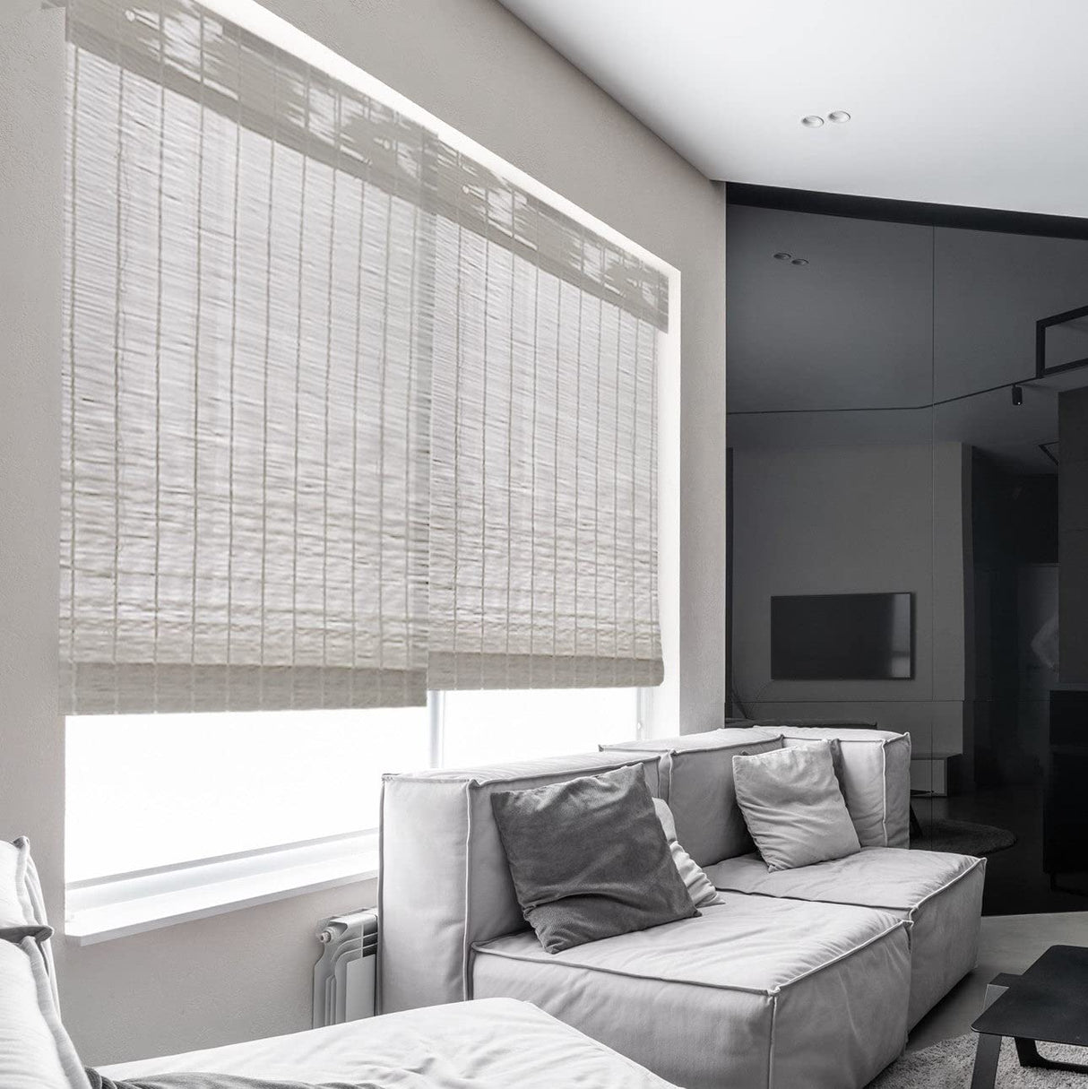 MOOD Custom Bamboo Shades | Modern | Cordless Bamboo Roman Shades for Windows and Doors (Natural Woven) | Modern Light Grey (Sheer) | 26" W X 72" H Mood