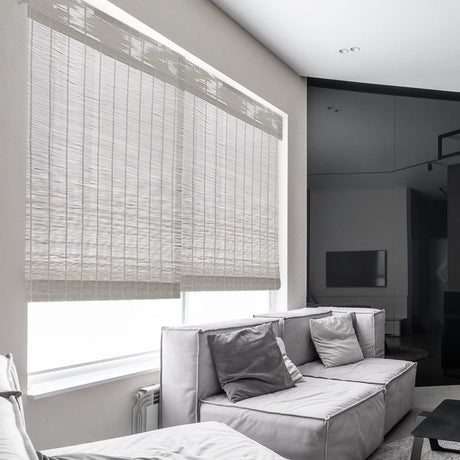 MOOD Custom Bamboo Shades | Modern | Cordless Bamboo Roman Shades for Windows and Doors (Natural Woven) | Modern Light Grey (Sheer) | 35" W X 48" H Mood