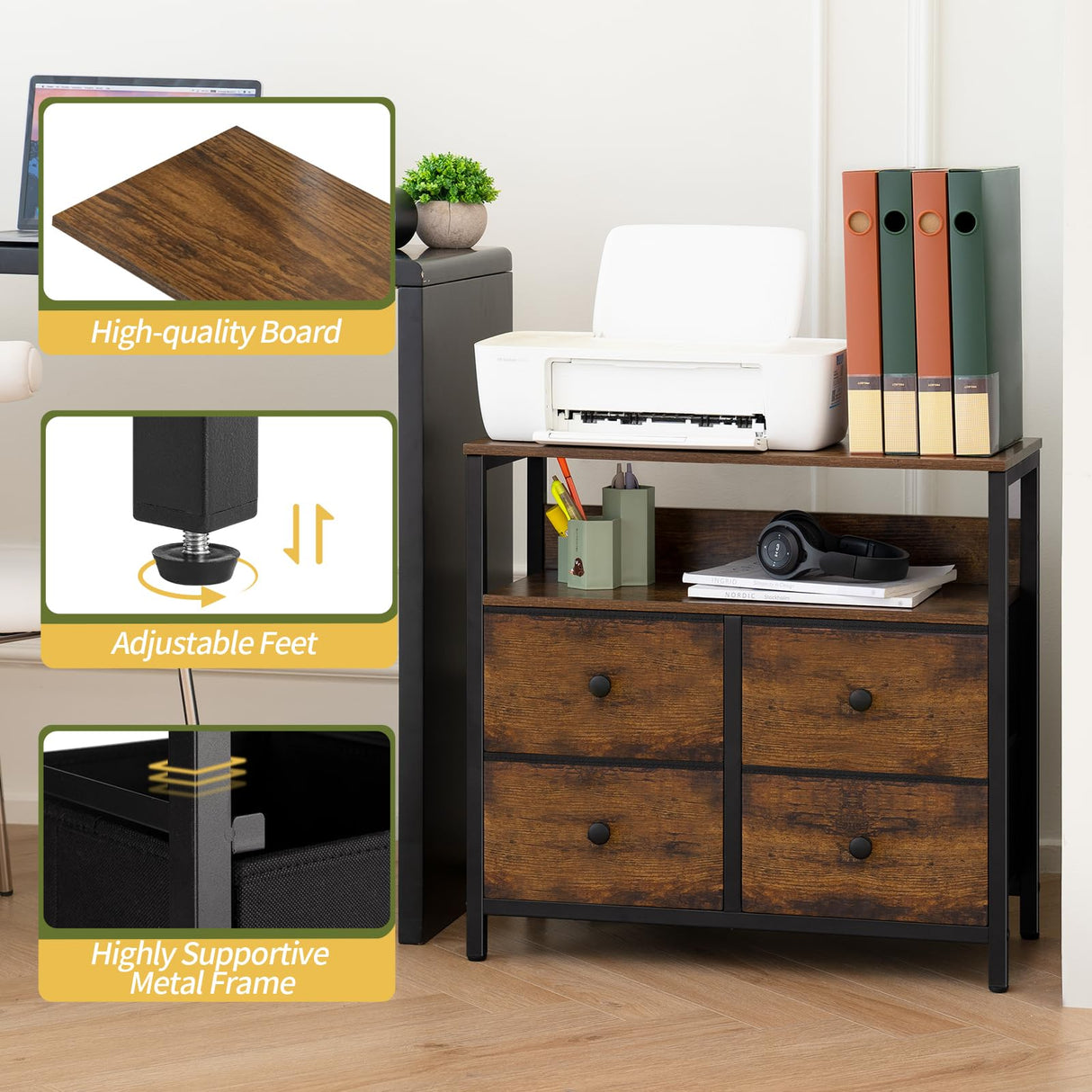 Yoobure Night Stand with Charge Station, Nightstand with 4 Drawers Bedside Table, LED Dresser with Storage Shelf, Night Stands for Bedroom, Side Table 3-Tier Wood End Table for Home Rustic Brown Yoobure