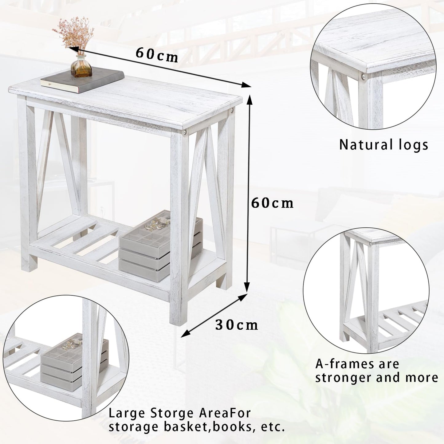 FEUFOAM Narrow End Table Wood Rustic Farmhouse Side Tables with Storage Shelves Narrow Sofa Table for Small Spaces Living Room Bedroom Bathroom Dorm Rustic White - WoodArtSupply