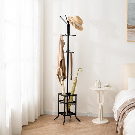 Yoobure Coat Rack Freestanding, Coat Tree with Umbrella Holder, Metal Coat Rack Stand with 12 Hooks, Modern Coat Hanger Stand for Entryway, Purse Rack Hat Rack Stand for Living Room Bedroom Office Yoobure