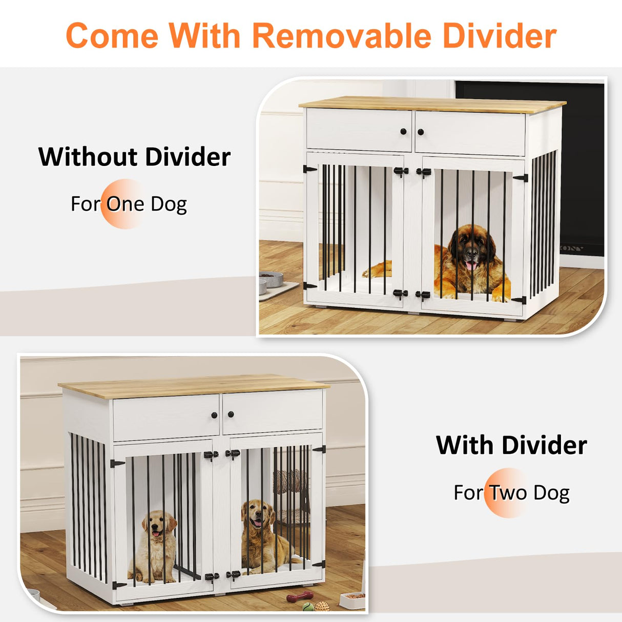 HXBOAUVS Large Dog Crate Furniture, 41 Inch Dog Kennel Indoor with Removable Divider & Double Doors, Wooden Dog Crates for 2 Dogs, Dog Crate Table for Large/Medium Dogs, White HXBOAUVS