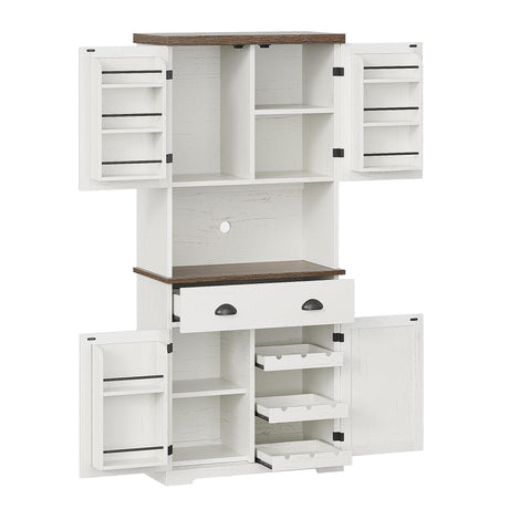 ChooChoo 72" Pantry Cabinet with Storage Drawers, Farmhouse Kitchen Hutch Bar Cabinet with Microwave Stand, Kitchen Cupboard with Door Shelves for Dining Room, Living Room, Antique White & Brown ChooChoo