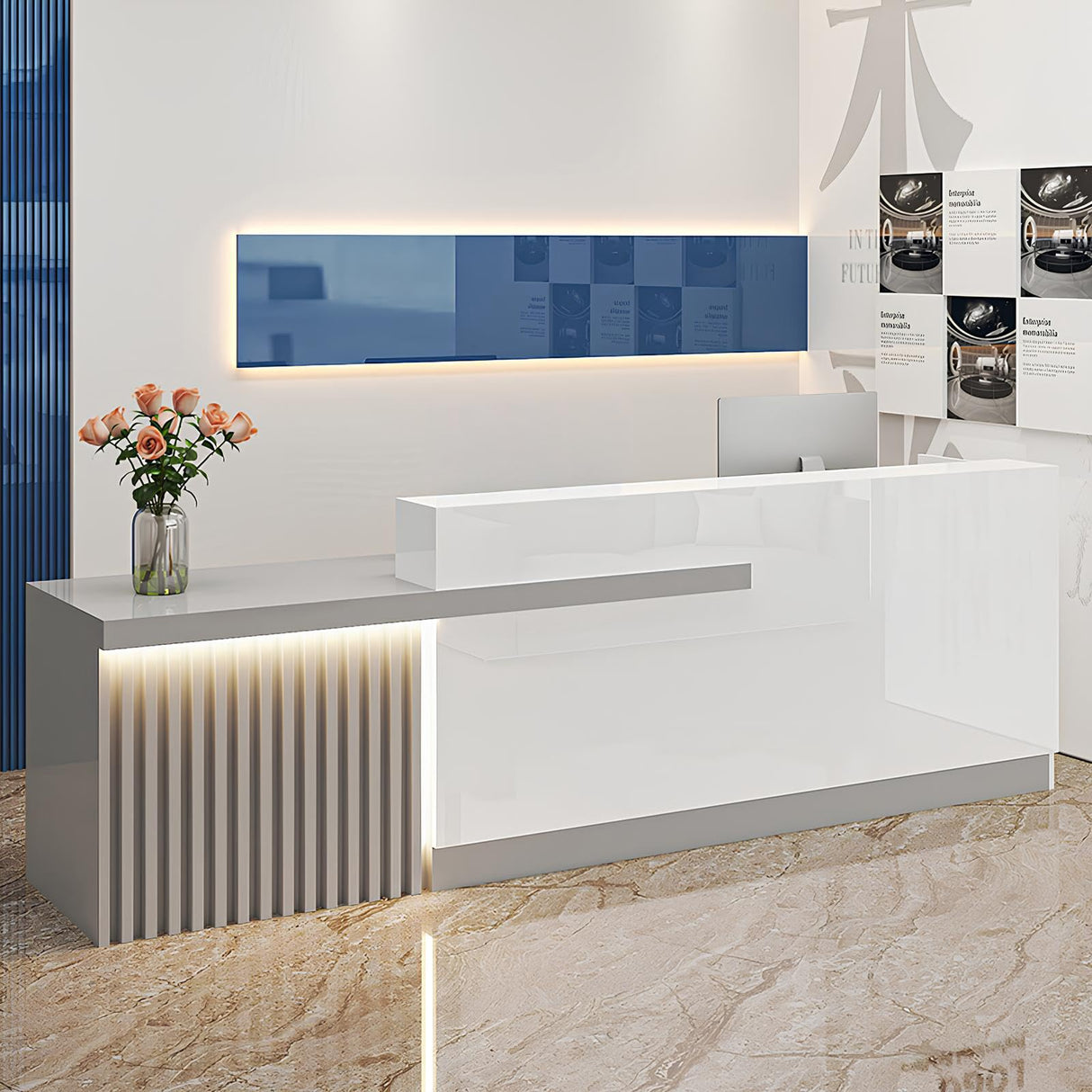 Modern Reception Desk with Counter, Salon Reception Desk with Lockable Drawer & Door Cabinet & Light Strip Receptionist for Office Boutique Lobby Shop cartBit