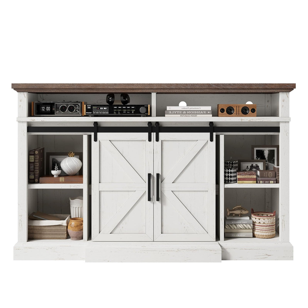AMERLIFE 66" W Farmhouse TV Stand, Wood 40" H Tall Entertainment Center with Sliding Barn Door & Large Storage Shelves, Rustic Media Console for TVs up to 75", Distressed White AMERLIFE
