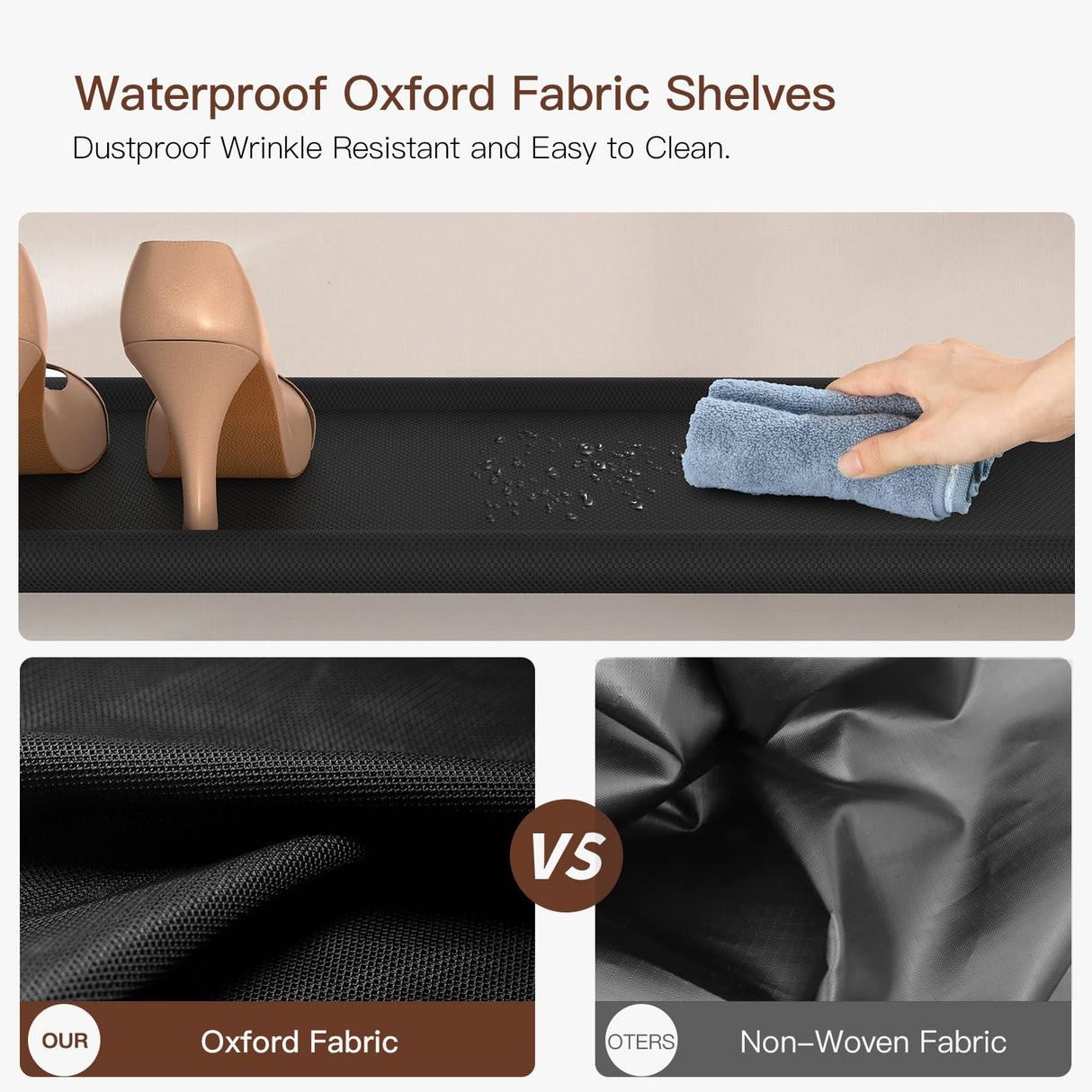 usikey Shoe Rack, 4 Tier Shoe Storage Organizer with 2 Drawers, Metal Shoe Shelf for 12-15 Pairs of Shoes, with 3 Fabric Shelves and Wooden Top, Shoe Stand for Closet Entryway, Rustic Brown usikey