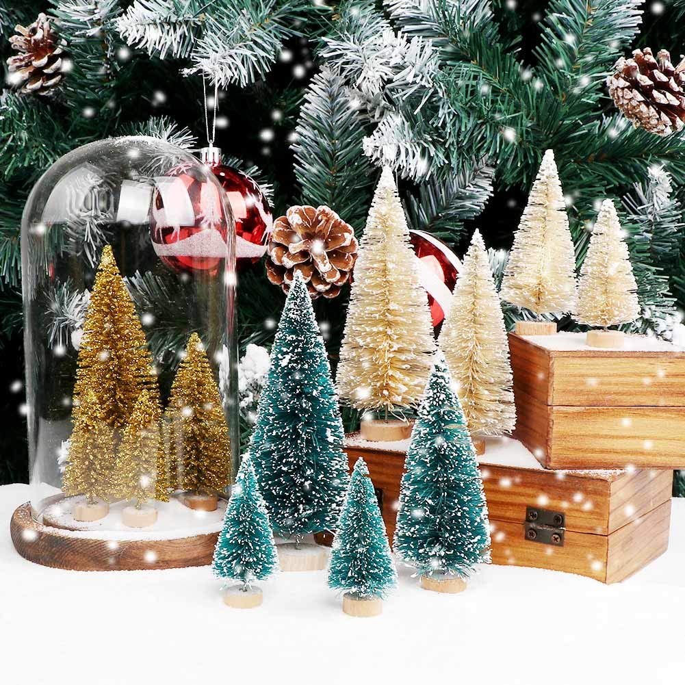 AerWo 24Pcs Mini Christmas Trees Bottle Brush Trees with Wood Base, Christmas Village Trees for Tabletop Christmas Decor Holiday Winter Decorations