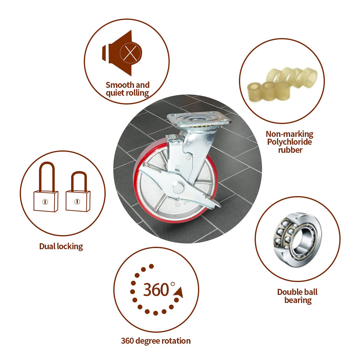 Nisorpa 6 inch Heavy Duty Casters Set of 4 Swivel Steel Wheels Red Polyurethane Lockable Caster Wheels for Industrial Trailer, Furniture - 2 with Brakes and 2 without Brakes Nisorpa