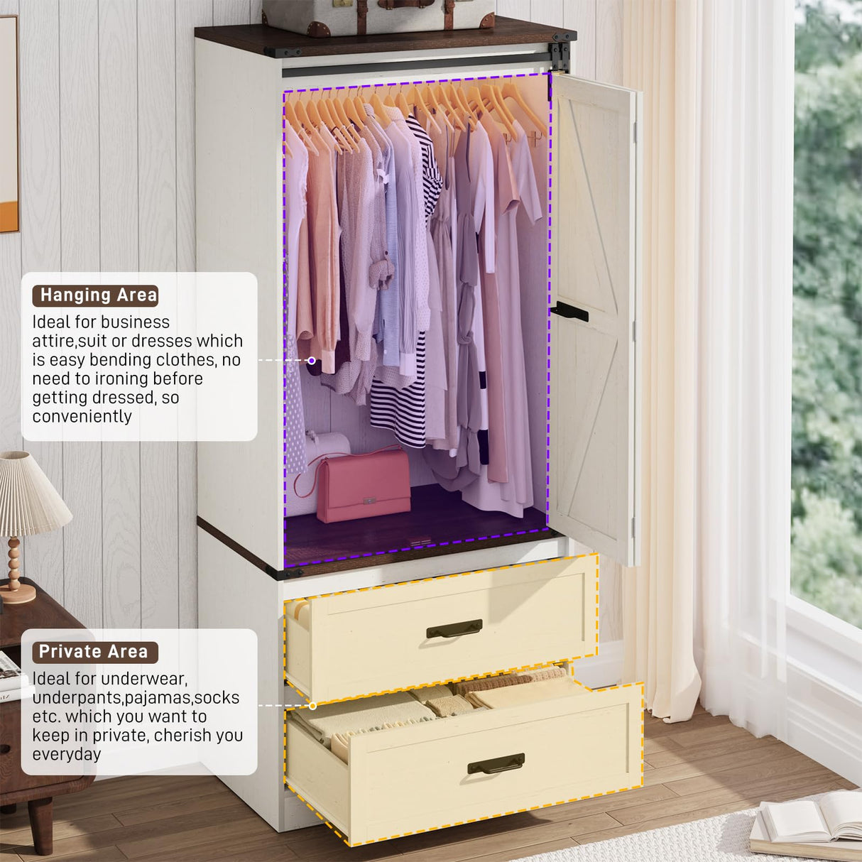 Farmhouse 2 Doors Armoire Wardrobe Closet w/Folding Sliding Barn Door and Lights, LED Armoire Closet w/Drawers for Bedroom, Freestanding Wooden Wardrobe Storage Closets w/Hanging Rod,Antique White jiteentarou