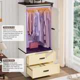 Farmhouse 2 Doors Armoire Wardrobe Closet w/Folding Sliding Barn Door and Lights, LED Armoire Closet w/Drawers for Bedroom, Freestanding Wooden Wardrobe Storage Closets w/Hanging Rod,Antique White jiteentarou