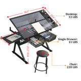 Olela Drafting Desk, Height Adjustable Drafting Table Versatile Art Craft Artists Paintings Storage Work Station with Tilting Temped Glasses Tabletop and Stool (Drawing Table - 1) Olela