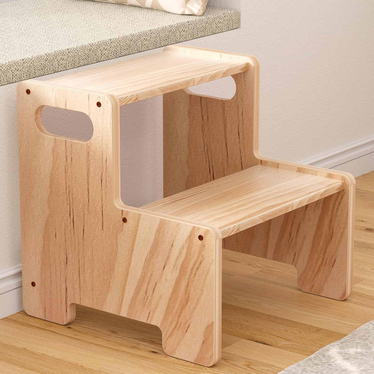 Wooden Step Stool,Two Step Stool for Kids,Toddler Montessori Stool Supports 300 lbs Kids Toddler Stepping Stool for Bathroom Sink/Toilet/Kitchen/Bed,Natural Wiifo