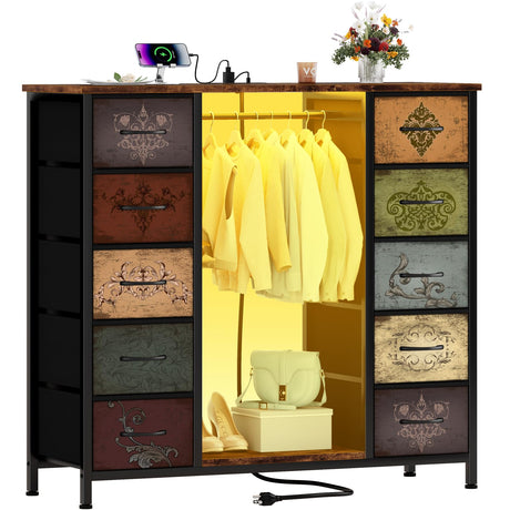 VASICAR 10 Drawers Dresser for Bedroom with Hanging Rack, Wood Top Chest of Drawers with Charging Station LED Lights, Colorful Clothes Organizer Storage Drawer Units for Closets, Nursery VASICAR
