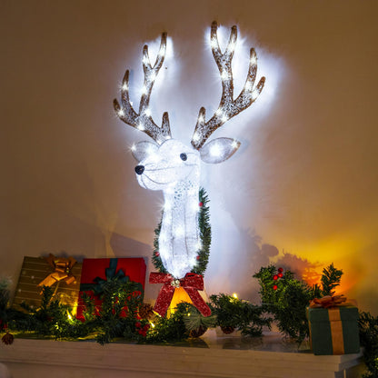 Christmas Wall Decor Reindeer Head with Clear 60 Count Lights，3D Rudolph Hanging Wreath with Battery Operated, 8 Modes & Timer, Light Up for Xmas Holiday Christmas Décor