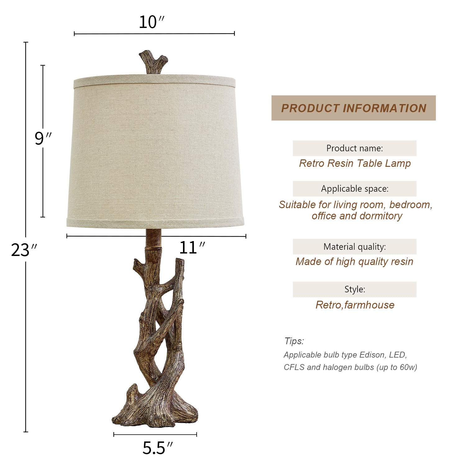 OYEARS 23" Rustic Farmhouse Table Lamp Country Cottage Lamps for Nightstand Tree Trunk Wood Grain Lamp for Bedroom Living Room with Oatmeal Fabric Round Shade Resin Bedside Lamp - WoodArtSupply