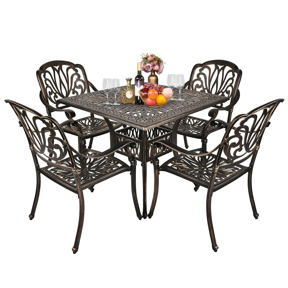 VINGLI 5 Pieces Outdoor Patio Dining Set, Cast Aluminium Patio Furniture Set with 4 Chairs and 1 Umbrella Table for Yard, Garden, Porch and Poolside, Bronze VINGLI
