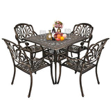 VINGLI 5 Pieces Outdoor Patio Dining Set, Cast Aluminium Patio Furniture Set with 4 Chairs and 1 Umbrella Table for Yard, Garden, Porch and Poolside, Bronze VINGLI