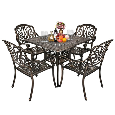 VINGLI 5 Pieces Outdoor Patio Dining Set, Cast Aluminium Patio Furniture Set with 4 Chairs and 1 Umbrella Table for Yard, Garden, Porch and Poolside, Bronze VINGLI