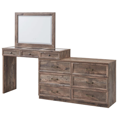 Aitjunz 69" W Large Vanity Desk with Glass Top, Farmhouse Corner Makeup Table w/3 Color Available Light & 30" HD Led Mirror, Rustic Wood Bedroom Dressing Table w/9 Large Storage Drawers, Light Brown Aitjunz