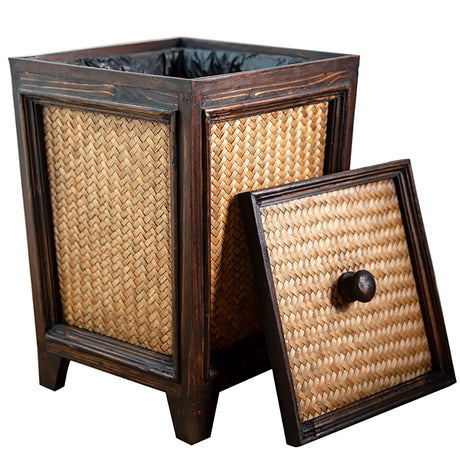 Primo Supply Rattan 7L Trash Can - Hand Woven Brown Square Garbage Bin with Lid - Small Wooden Bathroom Kitchen Decorative Waste Basket Primo Supply