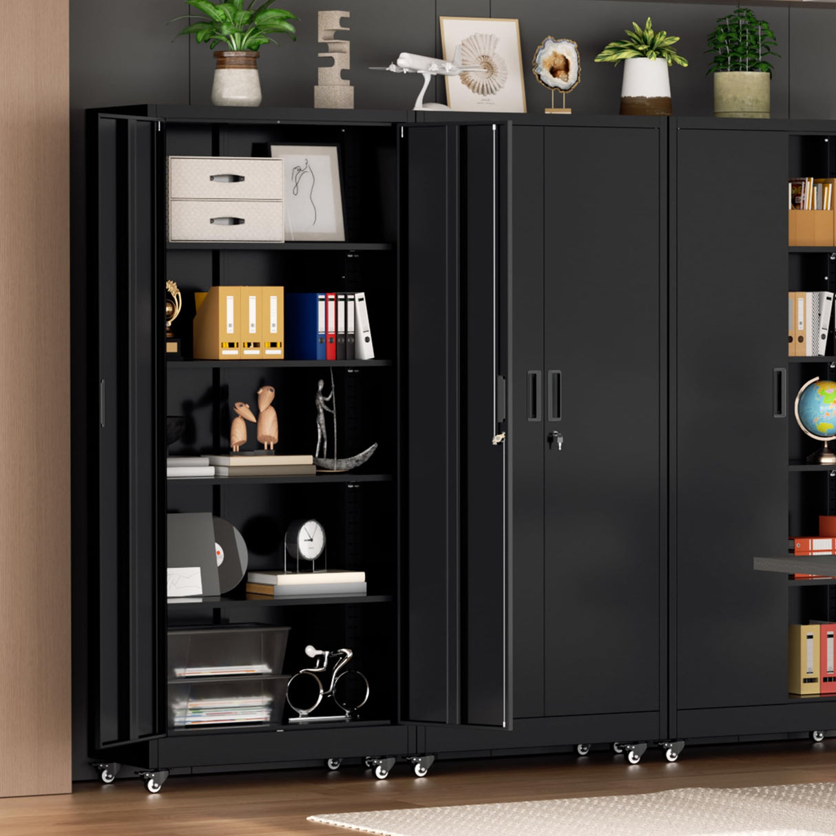 Bonusall 73" H Metal Storage Lockers with Wheels,Rolling Garage Cabinet with Locking Doors and 4 Adjustable Shelves,Metal Locker Organizer Cabinet for Garage,Office,Kitchen,Basement(Black) Bonusall