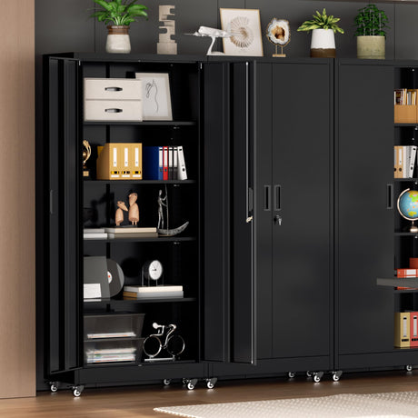 Bonusall 73" H Metal Storage Lockers with Wheels,Rolling Garage Cabinet with Locking Doors and 4 Adjustable Shelves,Metal Locker Organizer Cabinet for Garage,Office,Kitchen,Basement(Black) Bonusall