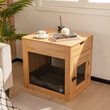Giantex Dog Crate Furniture, Wooden Dog Kennel End Table with Removable Cushion, Storage Drawer, Latched Door, Wireless and Wired Charging, Giantex