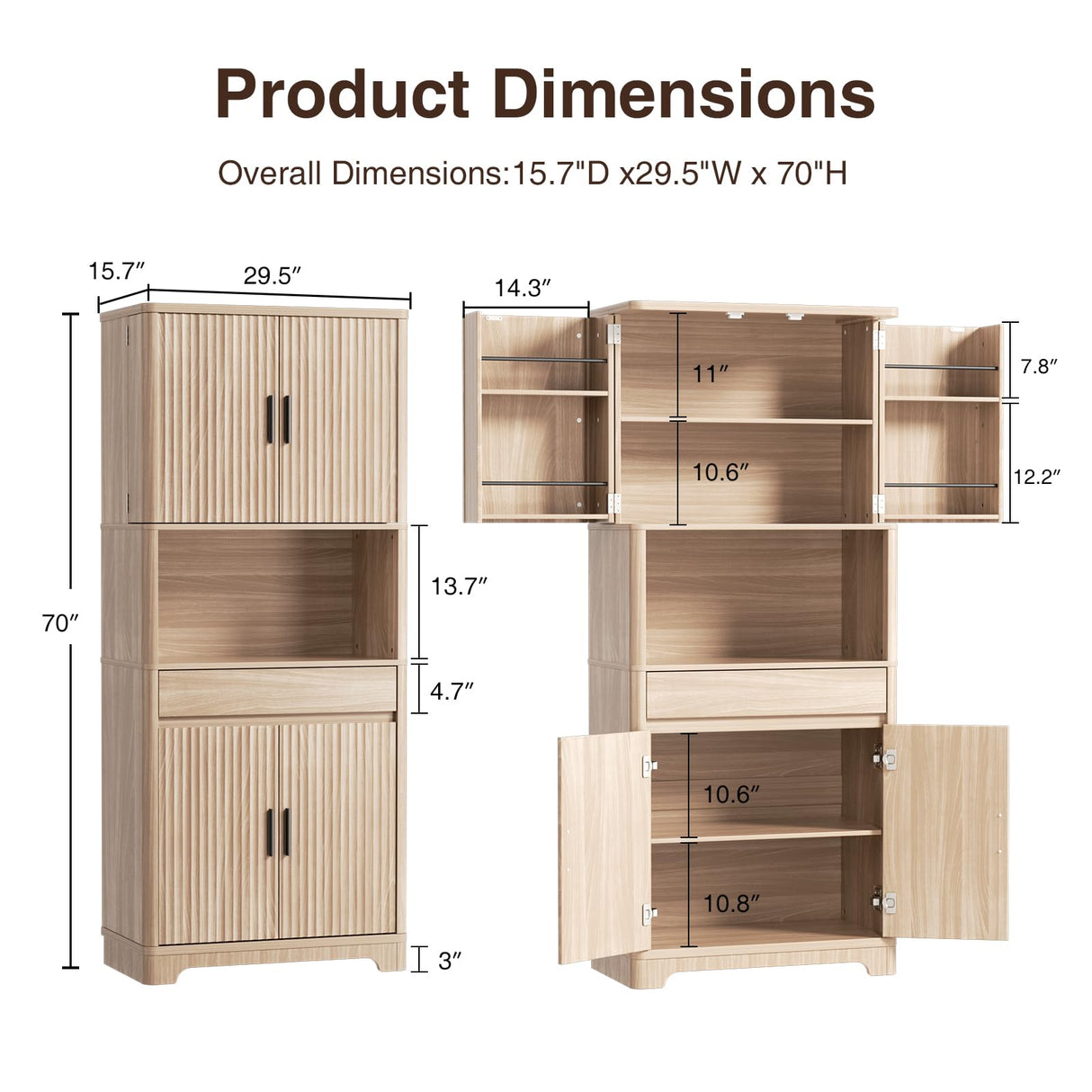 FiveWillowise 70.1" Tall Fluted Pantry Cabinet, Natural Wood Kitchen Storage with Countertop for Microwave, Modern Pantry Organizer Cupboard with Drawer for Dining, Living Room FiveWillowise
