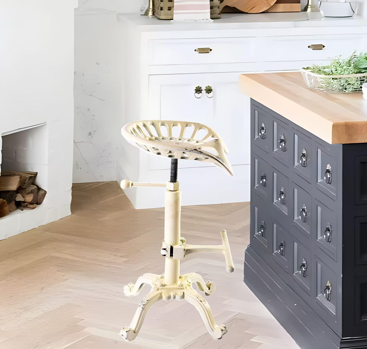 Diwhy Rustic Industrial Farmhouse Tractor Seat Adjustable Height 21.65-27.56in Bar Stool Industrial Bar Chair (Aged White, Cast Iron) Diwhy