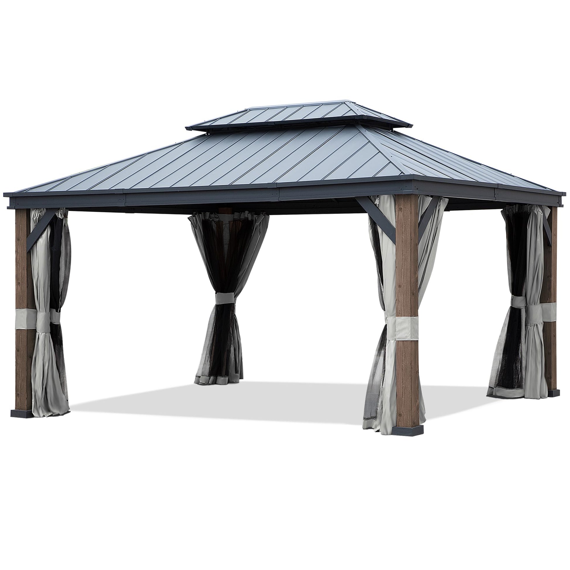 Gardenbee 12x16 ft Wood-Grain Hardtop Gazebo - Outdoor Large Gazebo with Double-Vented Top Rustproof Aluminum Frame, Curtains Included, Suitable for Patio Backyard(Dark Brown Wood Grain) - WoodArtSupply